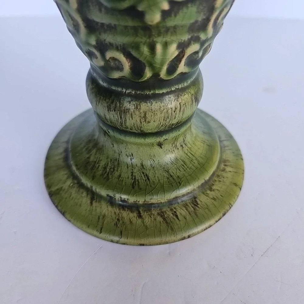 Vintage Pier 1 Imports Green Crackle Glaze Scroll Pillar Candle Holder 12
